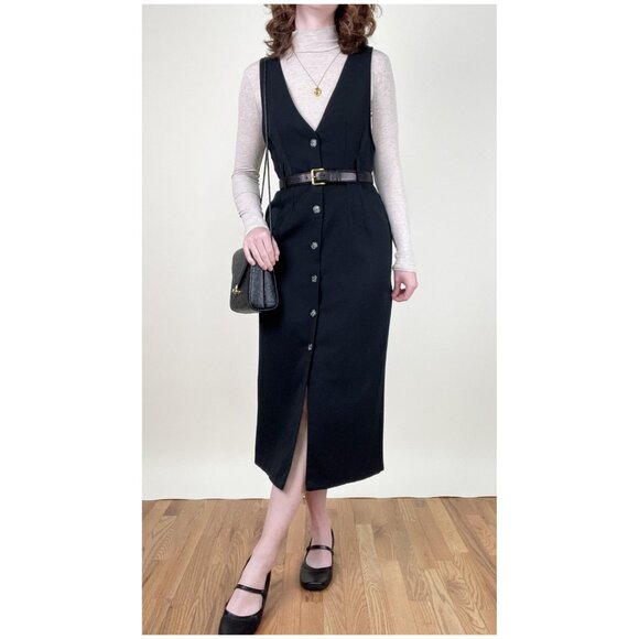 Vintage Pinafore Midi Dress Whimsigoth Dark Academia Fall Winter Preppy 80s 90s - Picture 5 of 11